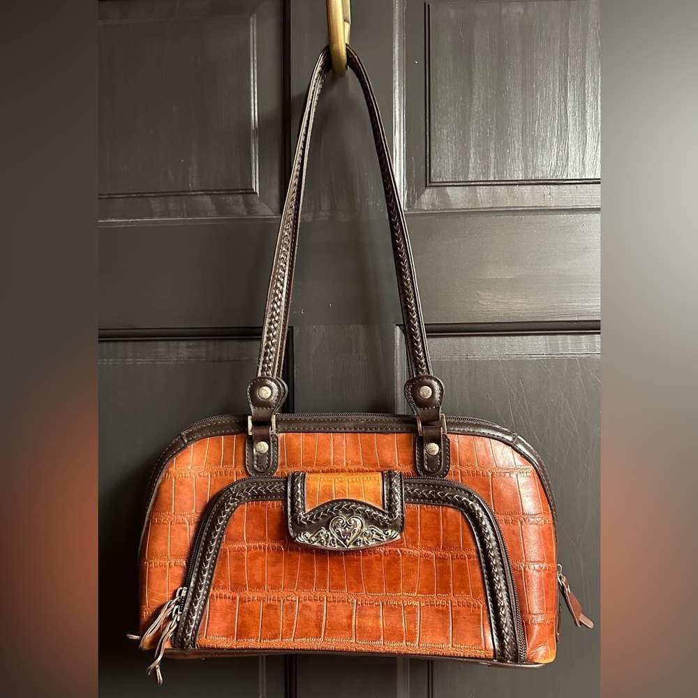 Marc Chantal Brown Embossed Leather Dual Handle Shoulder Bag Multi Section